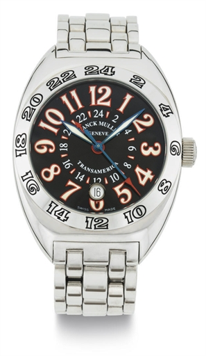 FRANCK MULLER. A STAINLESS STEEL AUTOMATIC DUAL TIME WRISTWATCH WITH DATE AND BRACELET