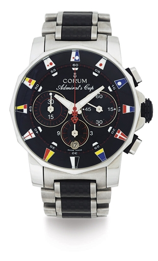 CORUM. A LIMITED EDITION STAINLESS STEEL AND GRAPHITE AUTOMATIC CHRONOGRAPH WRISTWATCH WITH DATE AND BRACELET