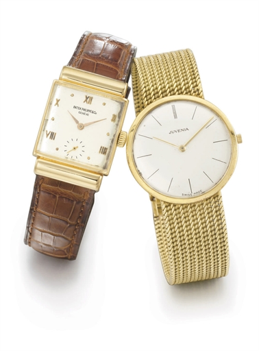 Patek Philippe, Juvenia and Swiss. A lot of two 18K gold wristwatches and one blackened steel and brass openface full calendar keyless lever watch with moon phases