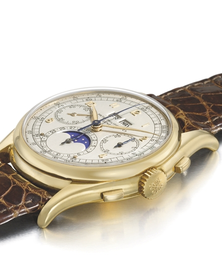 Patek Philippe. A unique and historically important 18K gold perpetual calendar chronograph wristwatch with moon phases and tonneau-shaped case