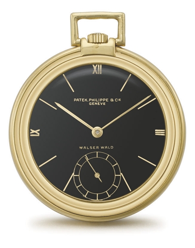 Patek Philippe. A rare and attractive 18K gold openface keyless lever watch with black dial