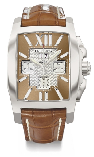 Breitling. A large stainless steel rectangular-shaped automatic chronograph wristwatch with date, two-tone dial and mother-of-pearl numerals