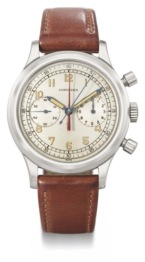 Longines. A large and unusual stainless steel chronograph wristwatch with central minute register