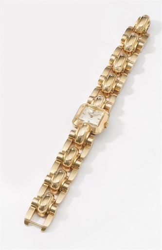 Rolex. A lady's unusual square 18K pink gold wristwatch with fancy link bracelet
