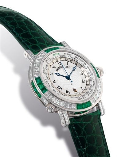 BREGUET, MARINE HORA MUNDI AUTOMATIQUE.WHITE GOLD AUTOMATIC WORLD TIME WRISTWATCH WITH DATE DISPLAY, ENTIRELY SET WITH 75 DIAMONDS AND 24 EMERALDS, UNIQUE EDITION