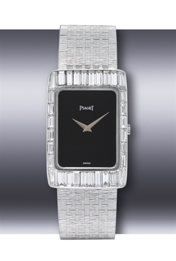 PIAGET.WHITE GOLD MANUALLY-WOUND BRACELET WATCH WITH ONYX DIAL AND BEZEL SET WITH 32 CALIBRE-CUT DIAMONDS WEIGHING APPROXIMATELY 6.50 CTS.
