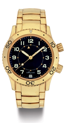 BREGUET. AN 18K GOLD AUTOMATIC WRISTWATCH WITH, DATE, CENTER SECONDS, ALARM AND BRACELET