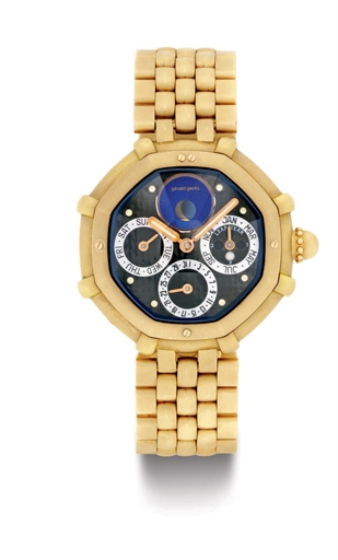 GERALD GENTA. AN 18K GOLD AND MOTHER-OF-PEARL PERPETUAL CALENDAR WRISTWATCH WITH MOON PHASES AND BRACELET