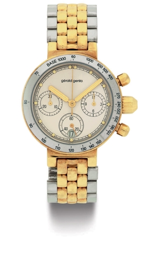 GERALD GENTA. AN 18K YELLOW AND WHITE GOLD CHRONOGRAPH WRISTWATCH WITH DATE AND BRACELET
