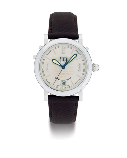 GERALD GENTA. A LIMITED EDITION 18K WHITE GOLD AUTOMATIC WRISTWATCH WITH CENTER SECONDS, DATE AND COUNTDOWN FUNCTION