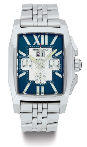 BREITLING. AN OVERSIZED STAINLESS STEEL AUTOMATIC CHRONOGRAPH WRISTWATCH WITH DATE, MOTHER-OF-PEARL NUMERALS AND BRACELET