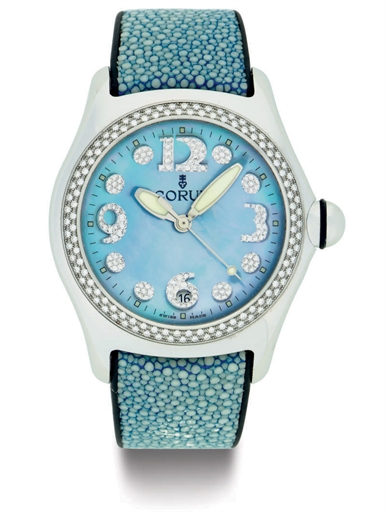 CORUM. A STAINLESS STEEL, DIAMOND AND MOTHER-OF-PEARL WRISTWATCH WITH CENTER SECONDS