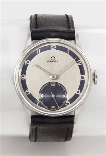 Omega. An attractive stainless steel wristwatch with two-tone dial and original sales tag