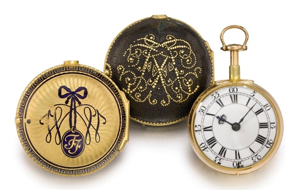 William Threlkeld. A fine, rare and unusual 18K gold quarter repeating pair case cylinder watch with additional gold and enamel outer case