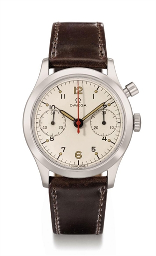 Omega. A rare stainless steel single button chronograph wristwatch with hack feature and white dial, made for the Royal Canadian Air Force