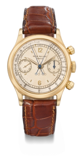 Patek Philippe. A very rare and important 18K gold split seconds chronograph wristwatch with two-tone pulsation dial and screw back case