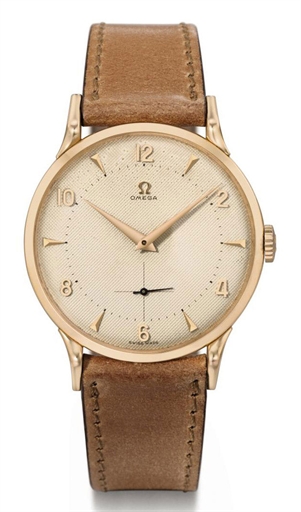 Omega. A large and unusual 18K pink gold wristwatch with engine-turned cream dial and claw-shaped lugs