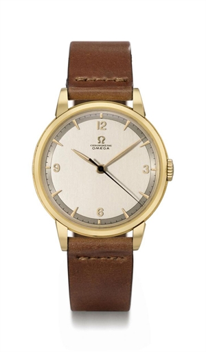 Omega. A large and attractive 18K gold wristwatch with sweep centre seconds and two-tone silvered dial