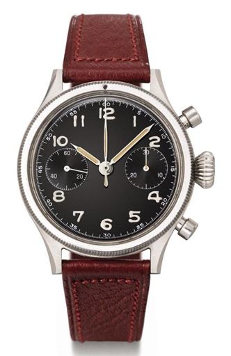 Breguet. A fine and rare stainless steel flyback chronograph wristwatch with black lacquer dial, made for the French Naval Aviation Forces