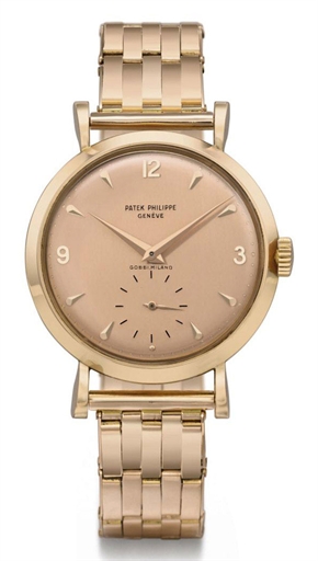 Patek Philippe. A fine, rare and large 18K pink gold wristwatch with pink dial and bracelet