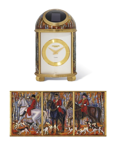 PATEK PHILIPPE, REF. 765, HUNTING.A FINE UNIQUE GILT BRASS SOLAR POWERED DOME TABLE CLOCK WITH CLOISONN