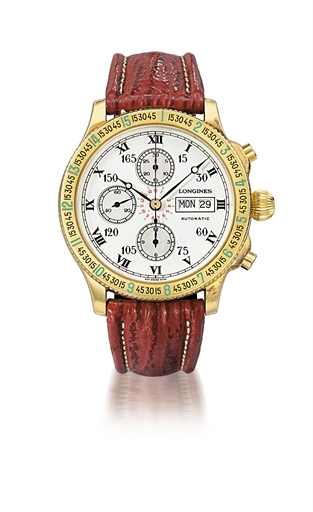 LONGINES, HOUR ANGLE WATCH, DESIGNED BY COL. CHARLES A. LINDBERGH REF.674-5232.YELLOW GOLD AUTOMATIC HOUR ANGLE PILOT'S CHRONOGRAPH WRISTWATCH WITH DAY, DATE, WHITE ENAMEL AND MOTHER-OF-PEARL DIAL