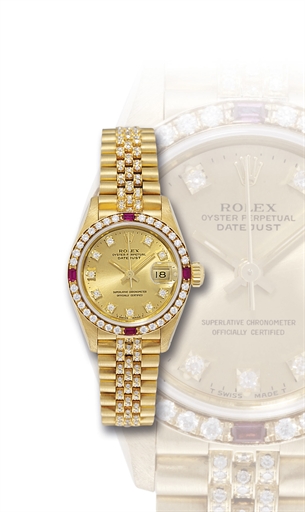 ROLEX, REF. 69068, DATEJUST.LADY'S YELLOW GOLD, DIAMOND AND RUBY-SET AUTOMATIC WRISTWATCH WITH DATE DISPLAY