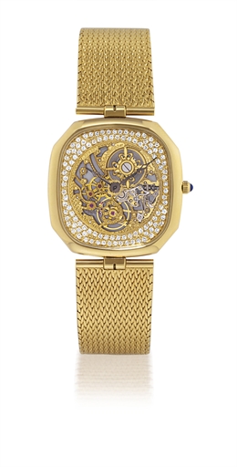 PATEK PHILIPPE, REF. 3887.YELLOW GOLD AND DIAMOND-SET MANUALLY-WOUND SKELETONISED BRACELET WATCH