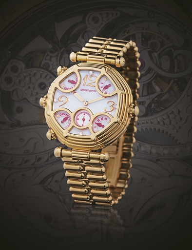 GERALD GENTA, REF. G.0027.7.EXTREMELY RARE PINK GOLD AND DIAMOND-SET AUTOMATIC TWO TRAIN MINUTE REPEATING GRANDE AND PETITE SONNERIE TOURBILLON WRISTWATCH WITH POWER RESERVE, MOTHER-OF-PEARL DIAL, WESTMINSTER CHIME AND BRACELET