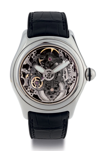 CORUM. A FINE OVERSIZED STAINLESS STEEL AUTOMATIC SKELETONIZED WRISTWATCH WITH CENTER SECONDS