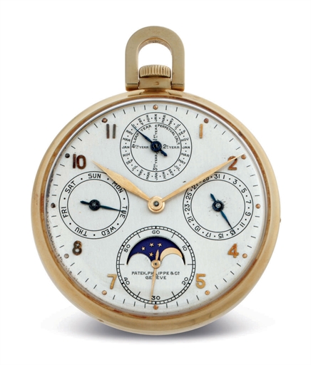 PATEK PHILIPPE. A FINE 18K GOLD PERPETUAL CALENDAR OPENFACE KEYLESS LEVER DRESS WATCH WITH MOON PHASES