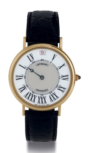 BREGUET. A FINE LIMITED EDITION 18K GOLD JUMP HOUR WRISTWATCH WITH ENAMEL DIAL