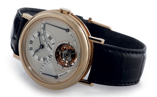 BREGUET. A FINE AND RARE 18K GOLD TOURBILLON WRISTWATCH WITH POWER RESERVE AND RETROGRADE 24 HOUR INDICATION