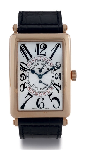 FRANCK MULLER. A FINE AND LARGE 18K PINK GOLD RECTANGULAR AUTOMATIC WRISTWATCH WITH DOUBLE RETROGRADE SECONDS