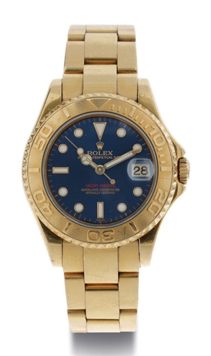 ROLEX. A LADY'S 18K GOLD AUTOMATIC WRISTWATCH WITH CENTER SECONDS, DATE AND BRACELET