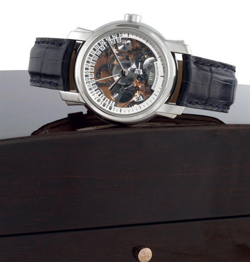 VACHERON CONSTANTIN. A FINE AND RARE PLATINUM AUTOMATIC PERPETUAL SKELETONIZED WRISTWATCH