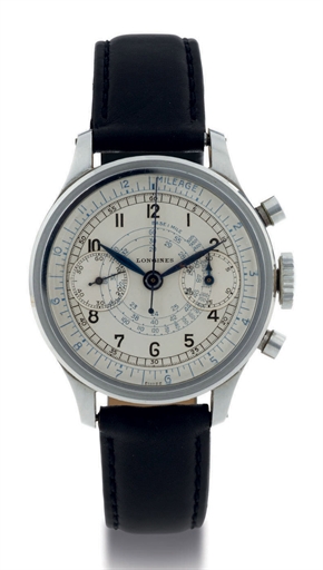 LONGINES. A FINE AND RARE STAINLESS STEEL CHRONOGRAPH WRISTWATCH WITH TWO-TONE DIAL