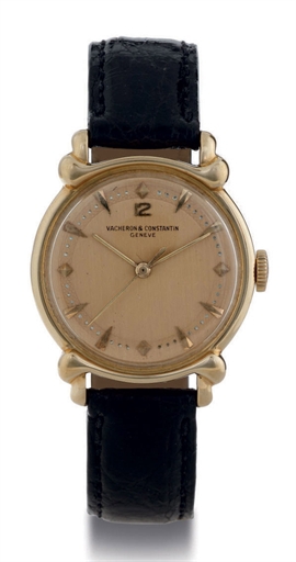 VACHERON CONTANTIN. AN 18K GOLD WRISTWATCH WITH CENTER SECONDS AND FANCY STEPPED LUGS