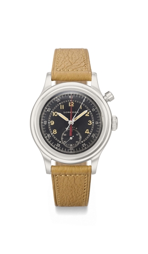Longines. A rare and unusual stainless steel single button flyback chronograph wristwatch with black military dial and central register