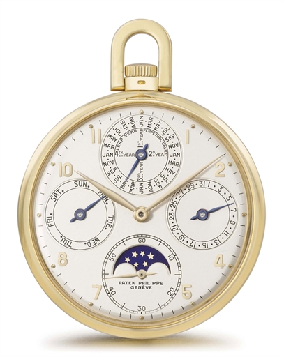 Patek Philippe. A fine and rare 18K gold openface keyless lever perpetual calendar watch with moon phases