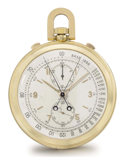 Patek Philippe. An extremely fine and rare 18K gold openface split seconds chronograph keyless lever watch with vertically positioned subsidiary dials and box