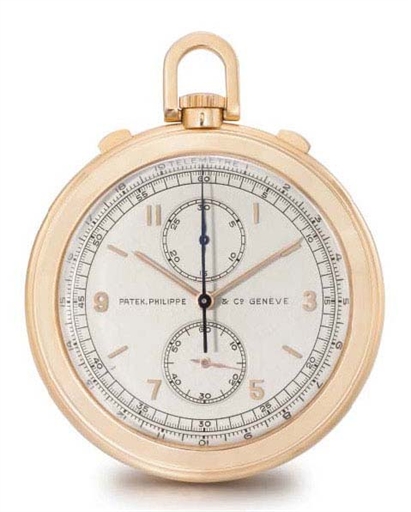 Patek Philippe. A rare and attractive, possibly unique 18K pink gold openface keyless lever chronograph watch with telemetre scale
