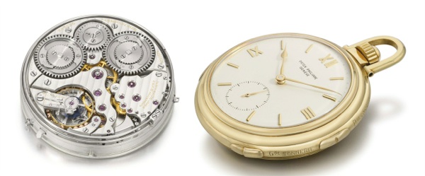Patek Philippe. A superb, fine and extremely rare 18K gold massive openface minute repeating keyless lever two-train carillon grande and petite sonnerie clock watch with original certificate