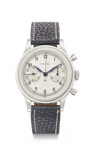 Longines. A fine and attractive stainless steel flyback chronograph wristwatch with two-tone silvered dial