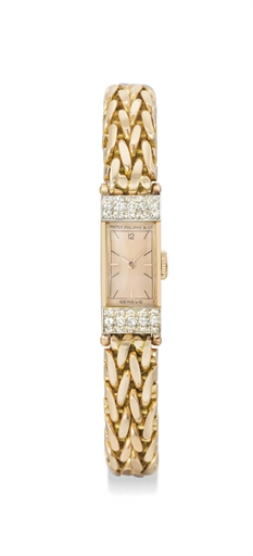 Patek Philippe. A lady's elegant and unusual 18K pink gold, platinum and diamond-set rectangular wristwatch