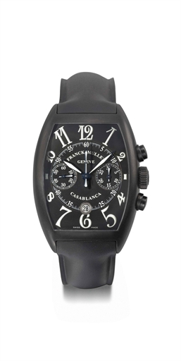 FRANCK MULLER. A LARGE PVD-COATED STAINLESS STEEL TONNEAU-SHAPED CURVED AUTOMATIC CHRONOGRAPH WRISTWATCH WITH DATE AND BLACK DIAL