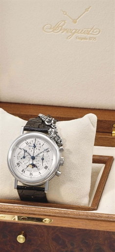 Breguet. A fine platinum perpetual calendar chronograph wristwatch with moon phases