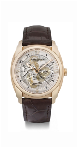 Vacheron Constantin. A large 18K pink gold cushion-shaped automatic skeletonized wristwatch with sweep centre seconds, day, date and power reserve