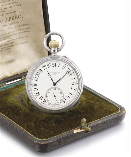 Kullberg. An unusual silver openface keyless lever watch with 52 1/2 minute karrusel, 24 hour dial and box