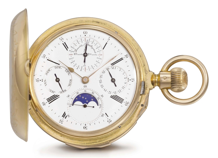 Louis Audemars, made for Breguet. A fine and rare 18K pink gold hunter case quarter repeating perpetual calendar keyless lever watch with moon phases, made for the Turkish Market